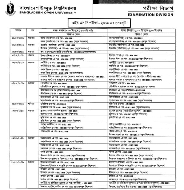 Bangladesh Open University BOU HSC Exam Routine 2019