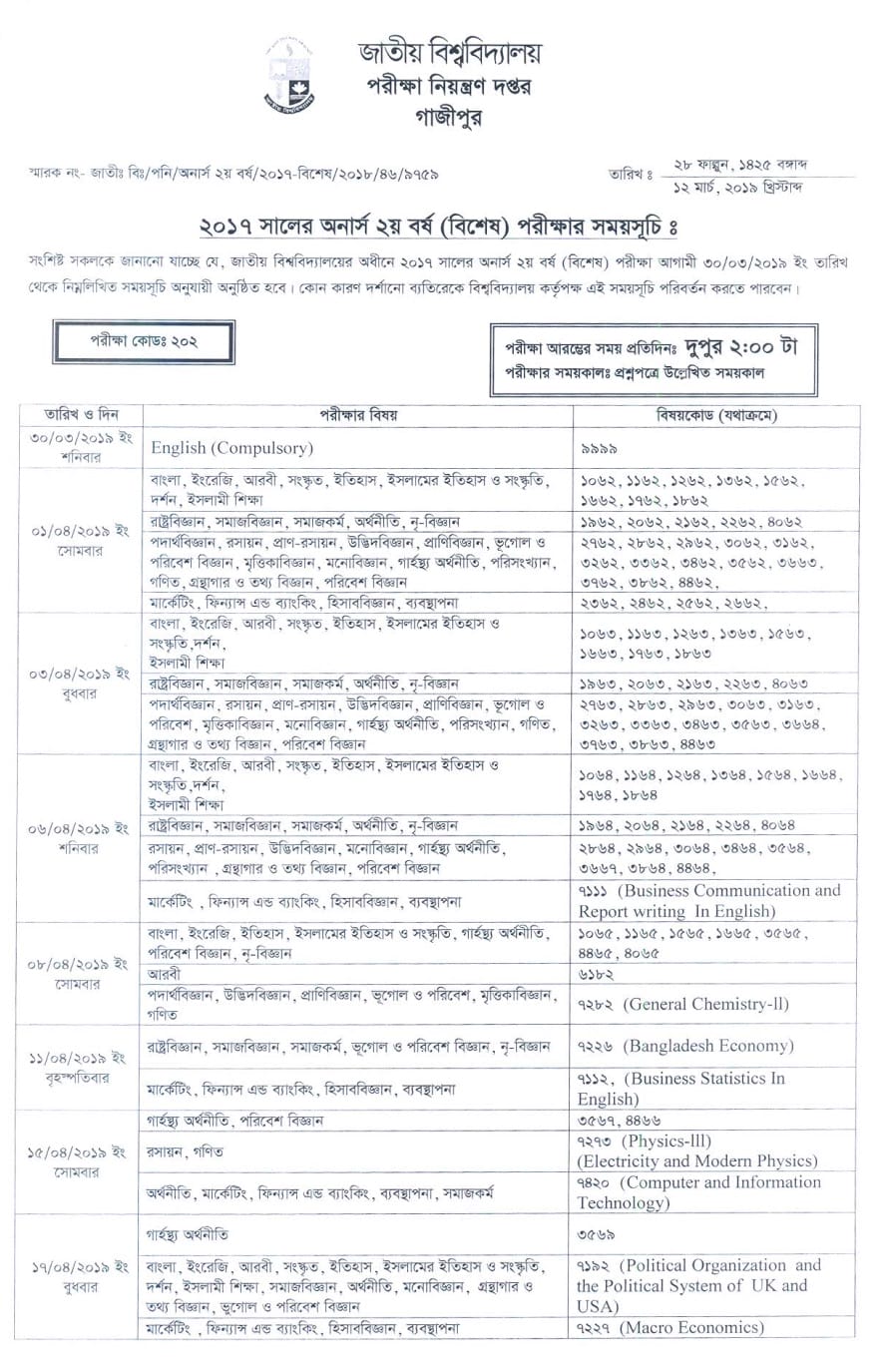 NU Honours 2nd Year Routine 2019